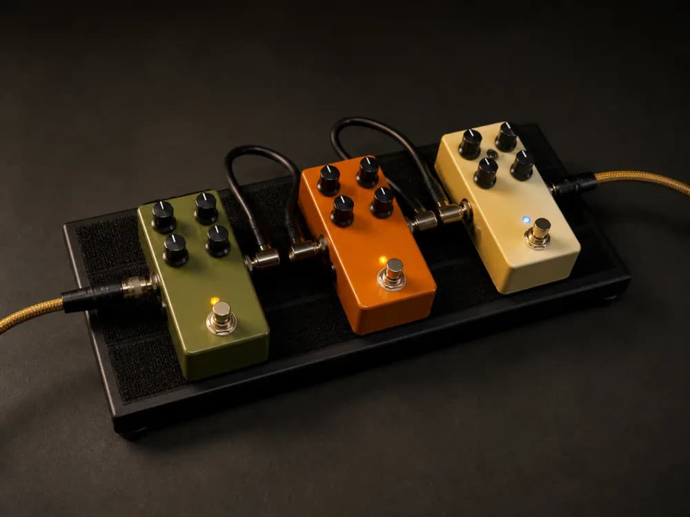 A carefully arranged collection of guitar effects pedals